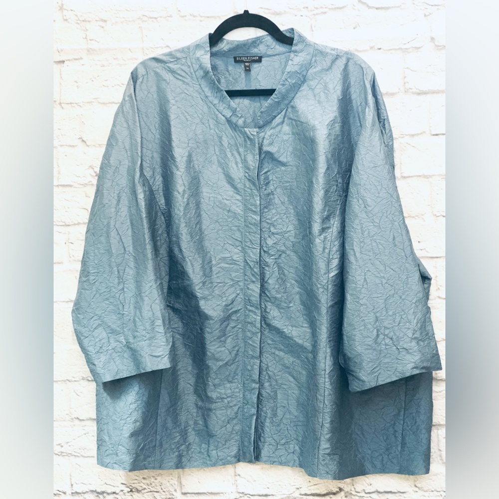 Eileen Fisher 3X 100% silk light blue kimono jacket 3/4 length sleeve